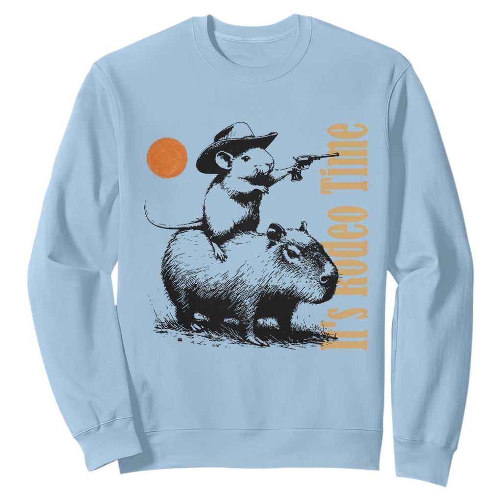 It Is Rodeo Time Sweatshirt Funny Wild West Mouse Riding Capybara TS12 Light Blue Print Your Wear