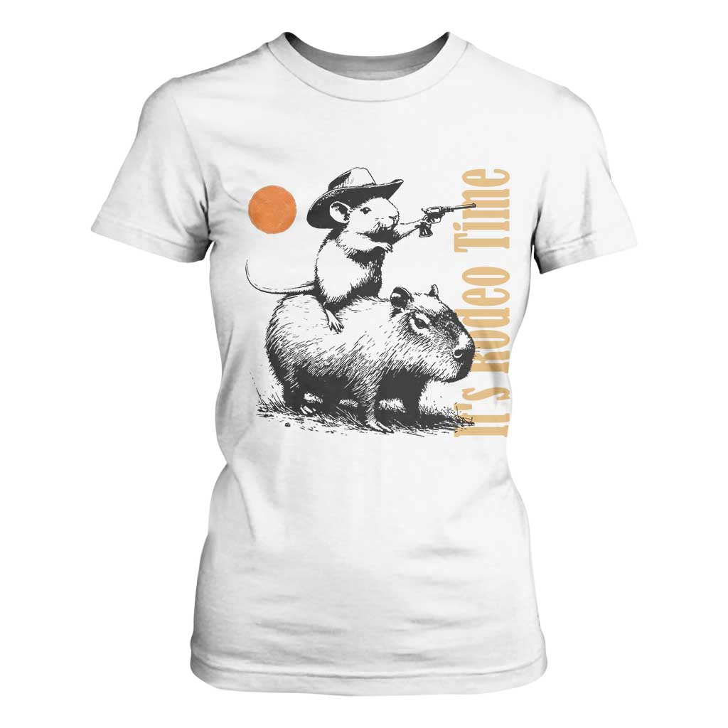 It Is Rodeo Time T Shirt For Women Funny Wild West Mouse Riding Capybara TS12 White Print Your Wear