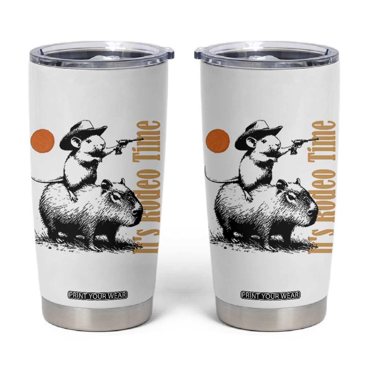 It Is Rodeo Time Tumbler Cup Funny Wild West Mouse Riding Capybara TS12 White Print Your Wear