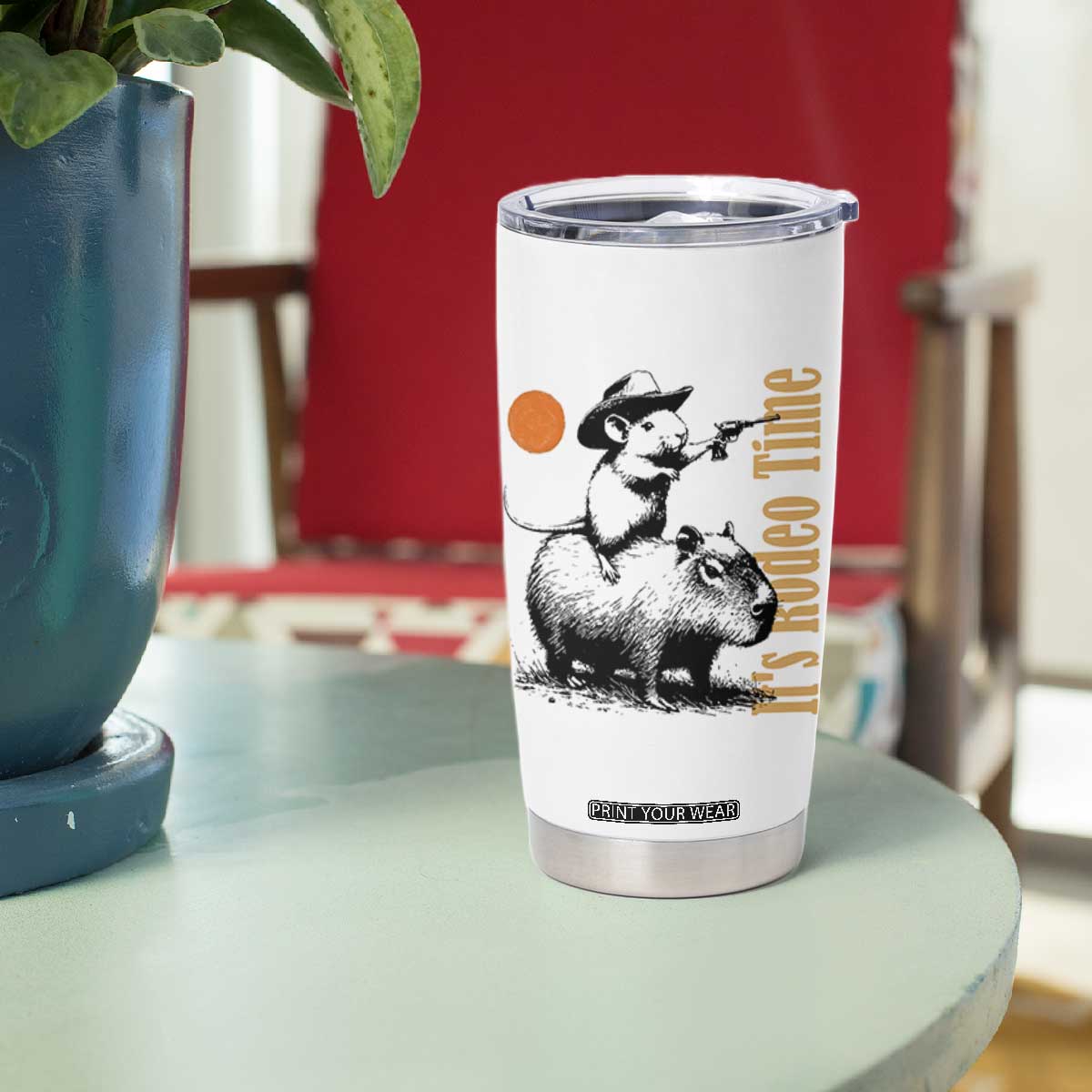 It Is Rodeo Time Tumbler Cup Funny Wild West Mouse Riding Capybara TS12 Print Your Wear