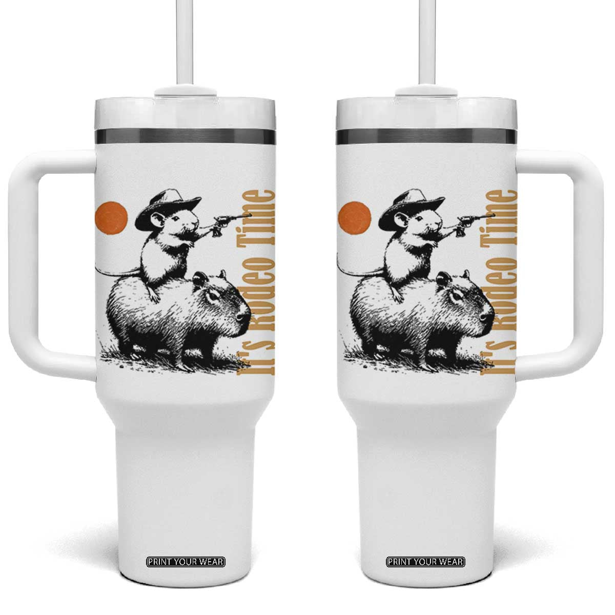 It Is Rodeo Time Tumbler With Handle Funny Wild West Mouse Riding Capybara TS12 One Size: 40 oz White Print Your Wear