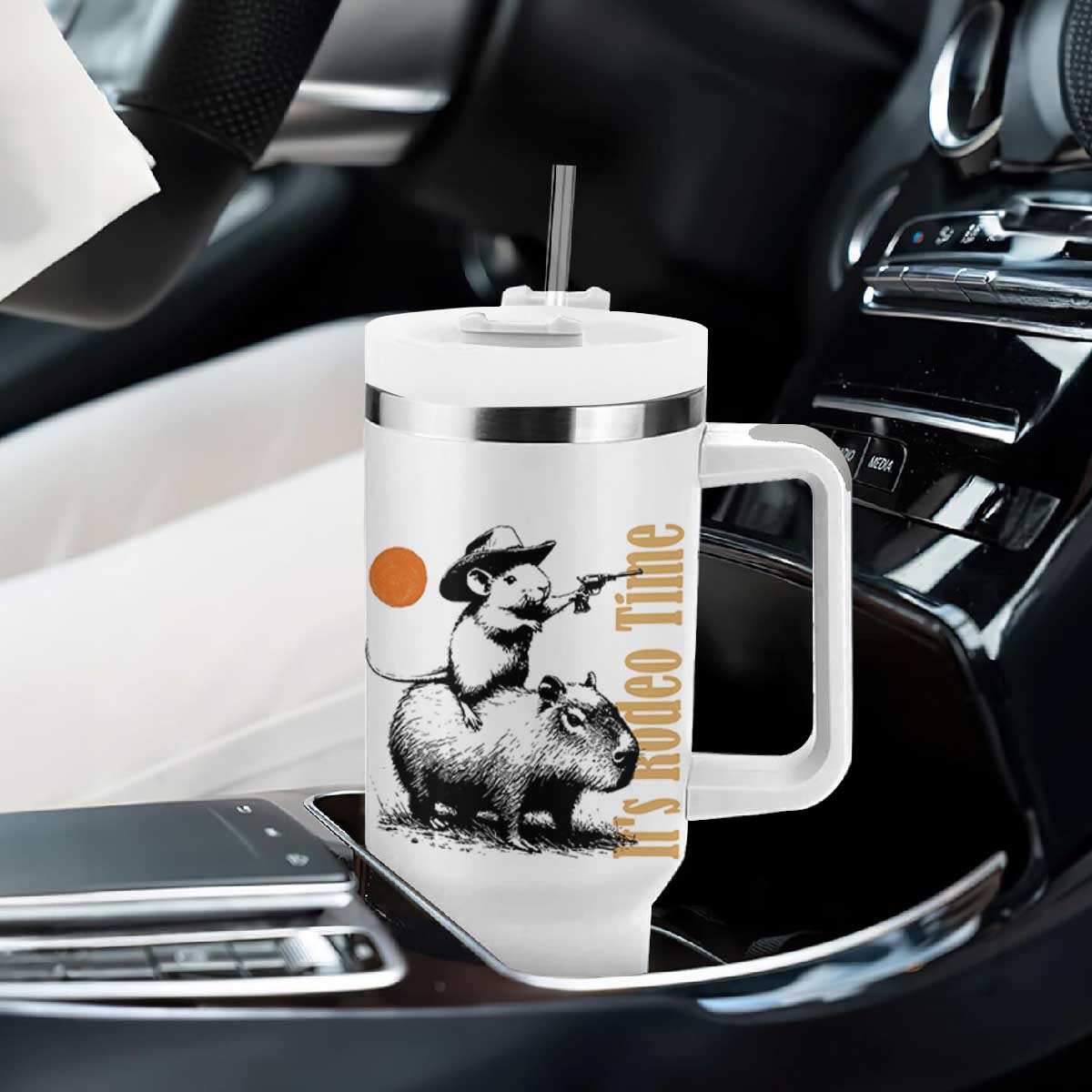 It Is Rodeo Time Tumbler With Handle Funny Wild West Mouse Riding Capybara TS12 Print Your Wear