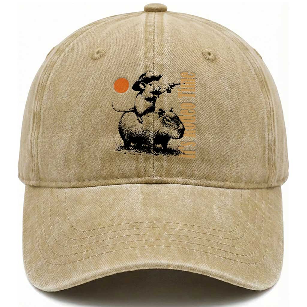 It Is Rodeo Time Washed Cotton Baseball Cap Funny Wild West Mouse Riding Capybara TS12 Washed Cap Universal Fit Khaki Print Your Wear