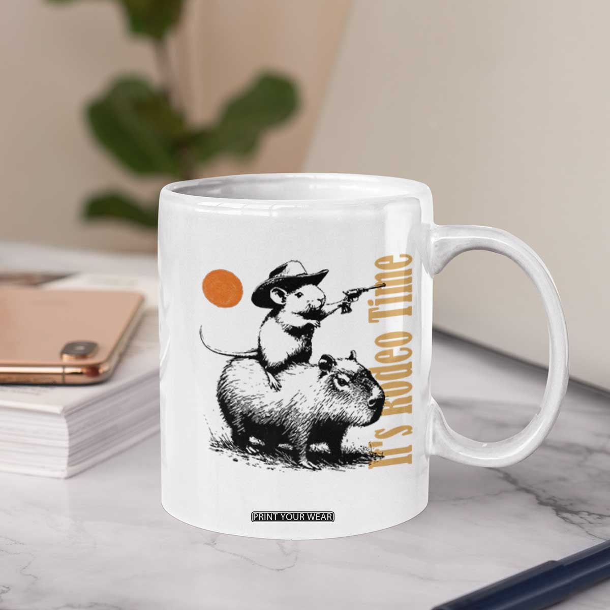 It Is Rodeo Time Coffee Mug Funny Wild West Mouse Riding Capybara TS12 Print Your Wear
