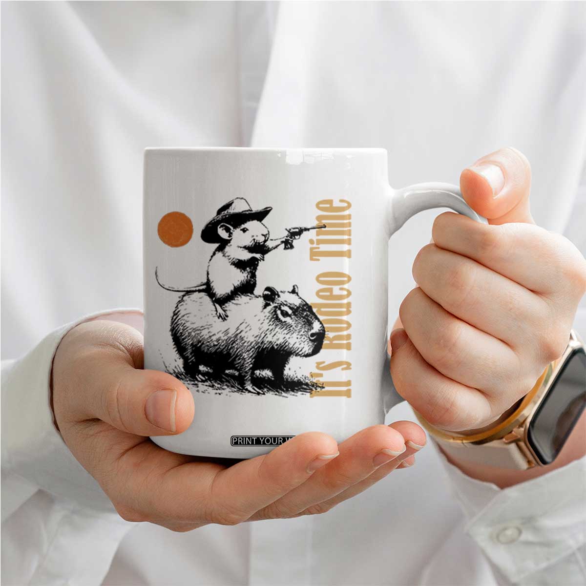 It Is Rodeo Time Coffee Mug Funny Wild West Mouse Riding Capybara TS12 Print Your Wear