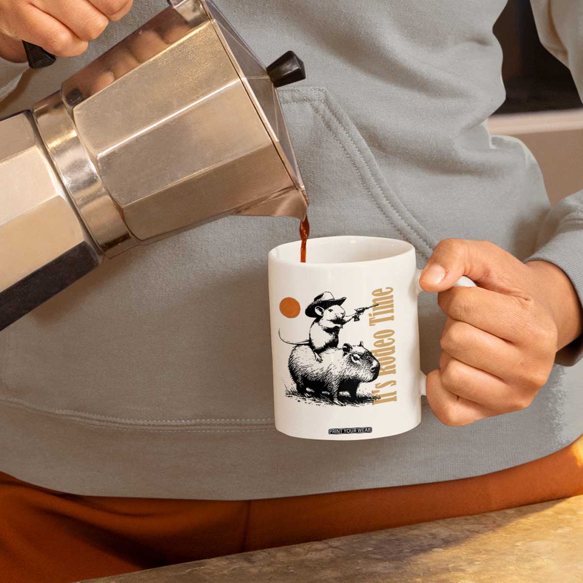 It Is Rodeo Time Coffee Mug Funny Wild West Mouse Riding Capybara TS12 Print Your Wear