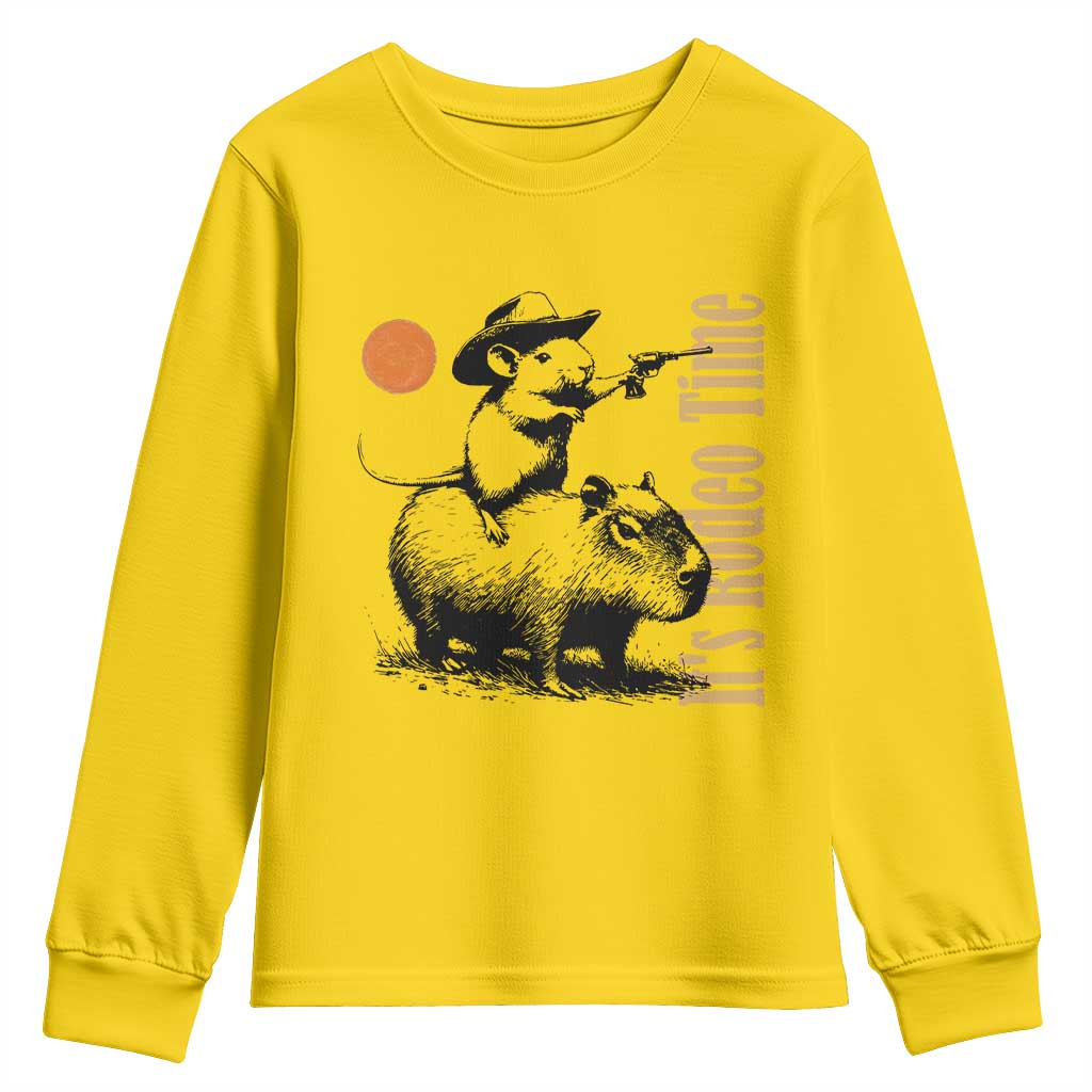 It Is Rodeo Time Youth Sweatshirt Funny Wild West Mouse Riding Capybara TS12 Daisy Print Your Wear