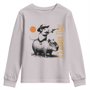 It Is Rodeo Time Youth Sweatshirt Funny Wild West Mouse Riding Capybara TS12 Ice Gray Print Your Wear