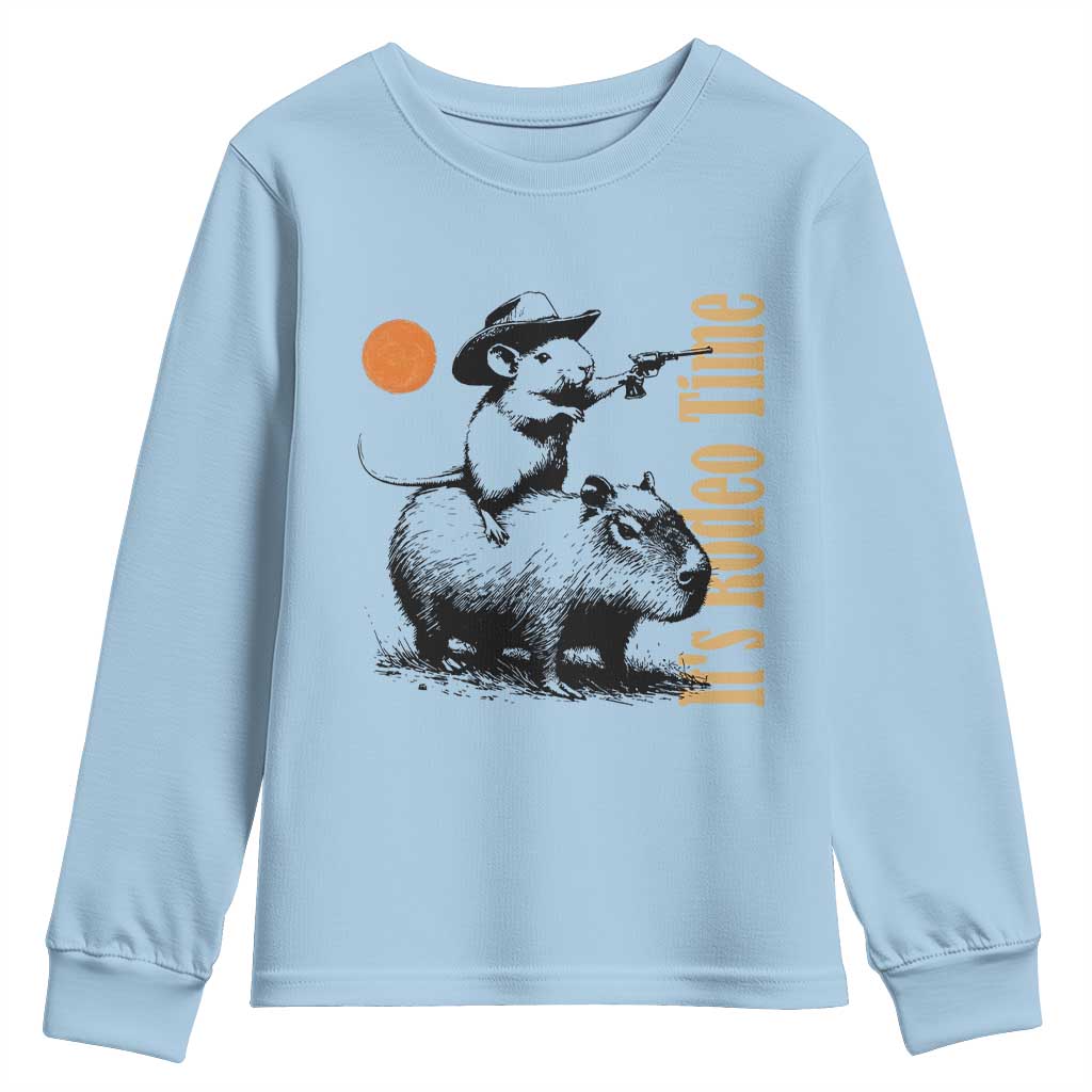 It Is Rodeo Time Youth Sweatshirt Funny Wild West Mouse Riding Capybara TS12 Light Blue Print Your Wear