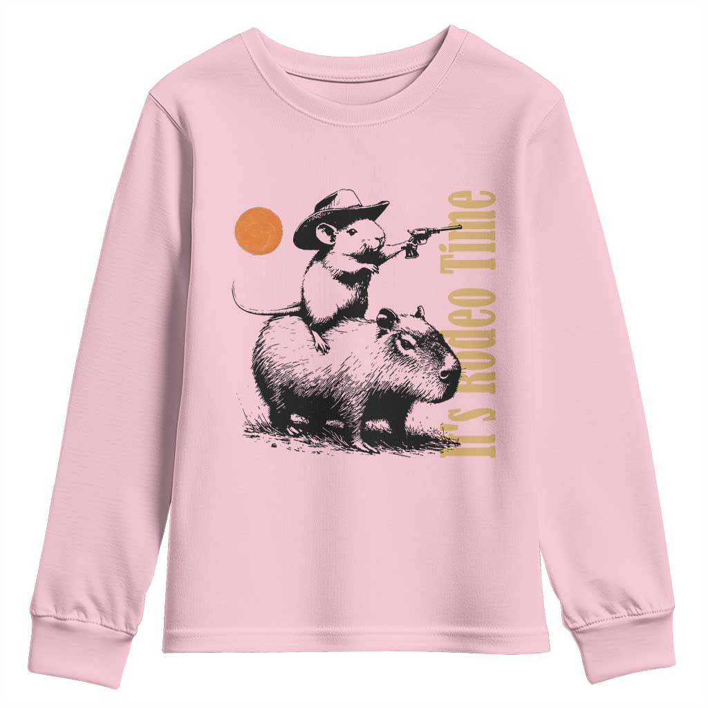 It Is Rodeo Time Youth Sweatshirt Funny Wild West Mouse Riding Capybara TS12 Light Pink Print Your Wear