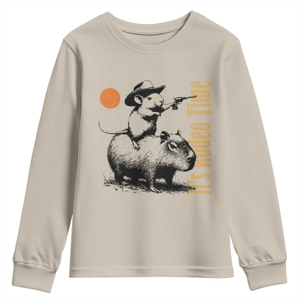 It Is Rodeo Time Youth Sweatshirt Funny Wild West Mouse Riding Capybara TS12 Sand Print Your Wear