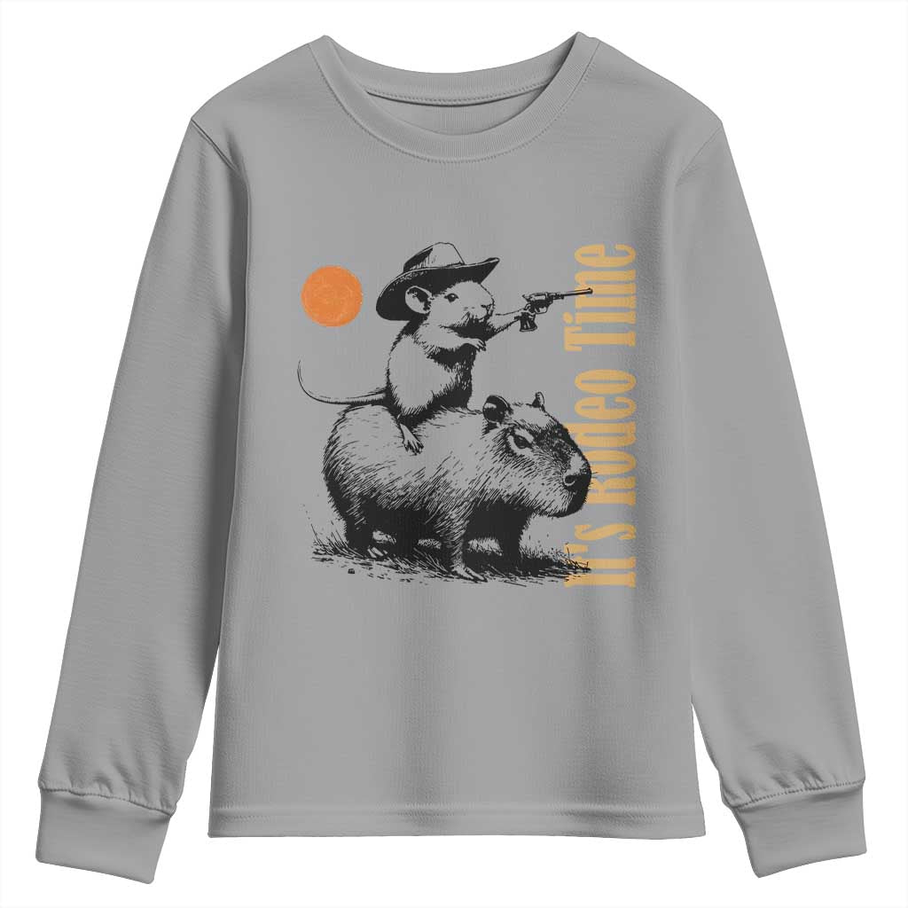 It Is Rodeo Time Youth Sweatshirt Funny Wild West Mouse Riding Capybara TS12 Sport Gray Print Your Wear