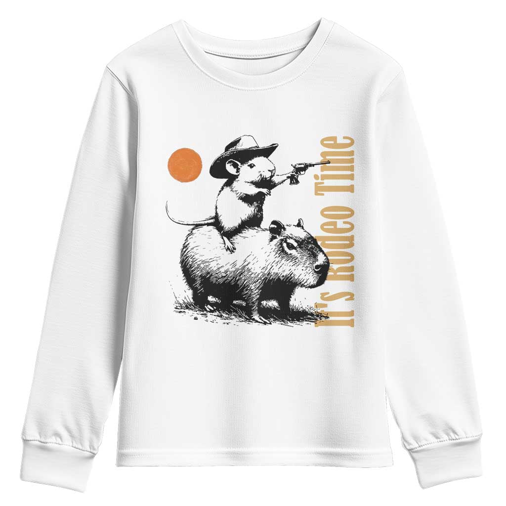It Is Rodeo Time Youth Sweatshirt Funny Wild West Mouse Riding Capybara TS12 White Print Your Wear