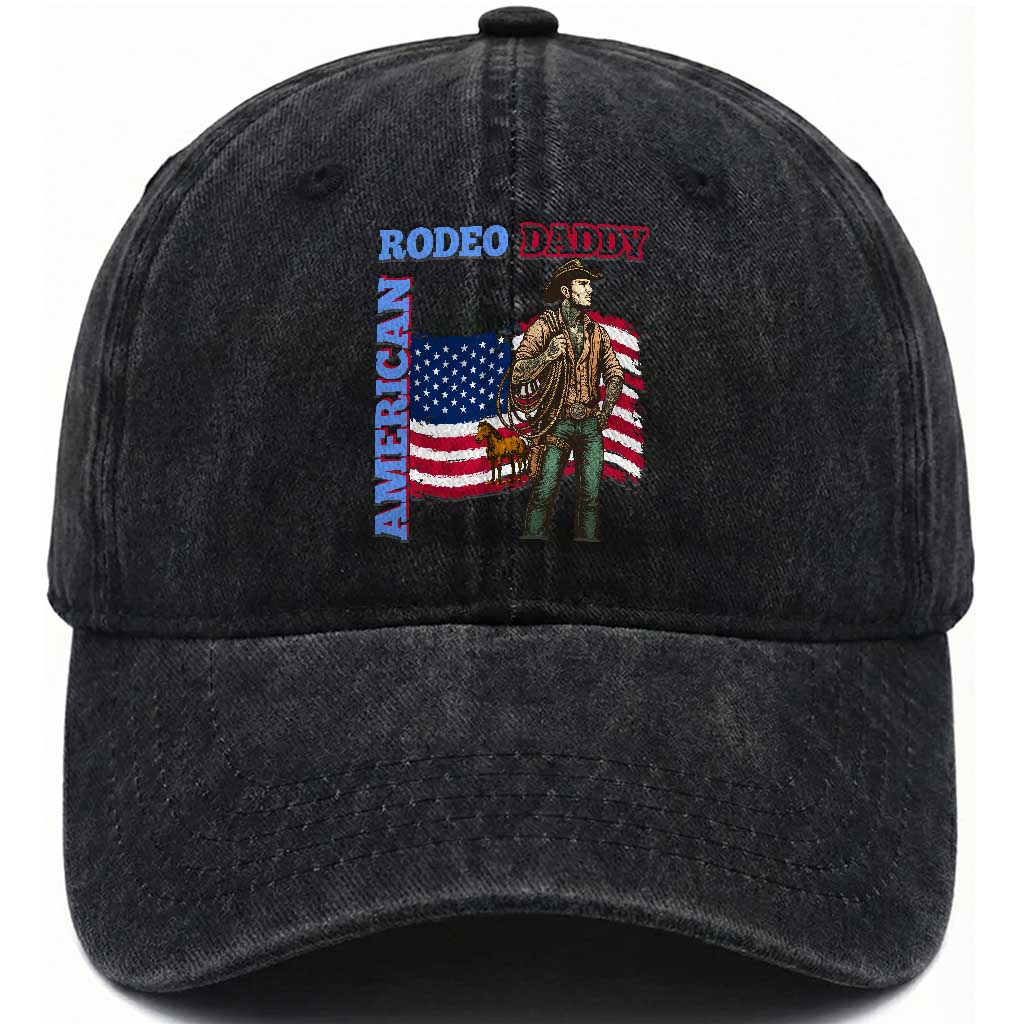 Patriotic Cowboy Washed Cotton Baseball Cap American Rodeo Daddy USA Rodeo Art TS12 Washed Cap Universal Fit Black Print Your Wear