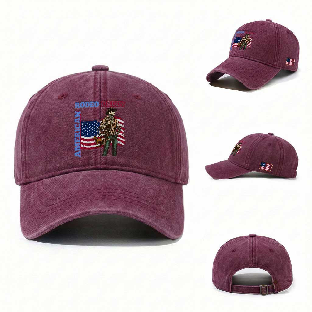 Patriotic Cowboy Washed Cotton Baseball Cap American Rodeo Daddy USA Rodeo Art TS12 Washed Cap Universal Fit Burgundy Print Your Wear