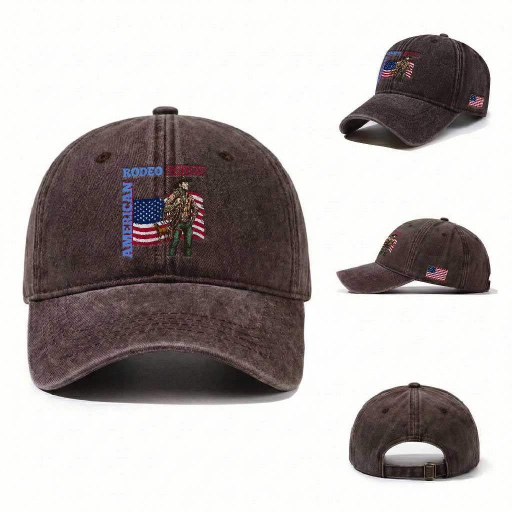 Patriotic Cowboy Washed Cotton Baseball Cap American Rodeo Daddy USA Rodeo Art TS12 Washed Cap Universal Fit Dark Brown Print Your Wear