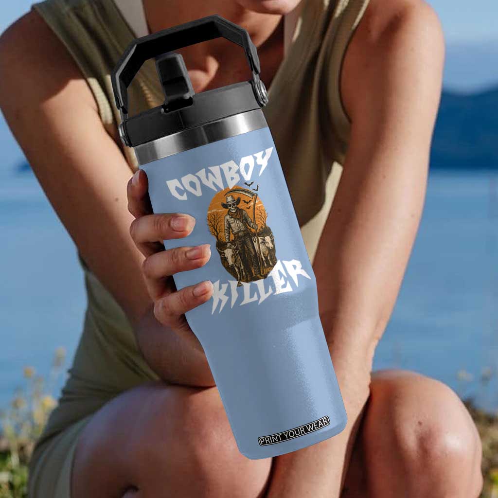 Cowboy Killer Halloween Skeleton Flip Straw Tumbler Gothic Western Art TS12 One Size: 30 oz Light Blue Print Your Wear
