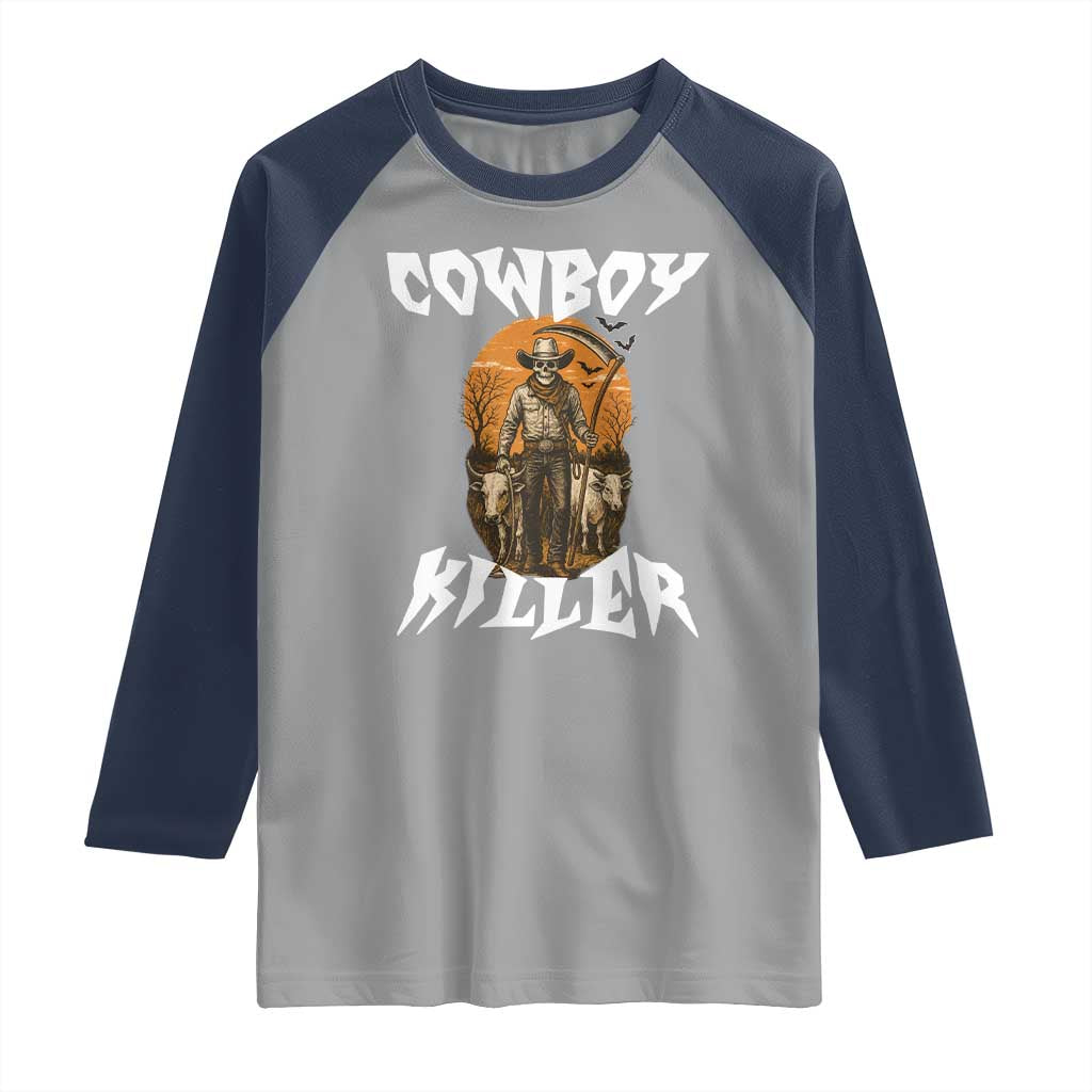 Cowboy Killer Halloween Skeleton Raglan Shirt Gothic Western Art TS12 Sport Gray Navy Print Your Wear