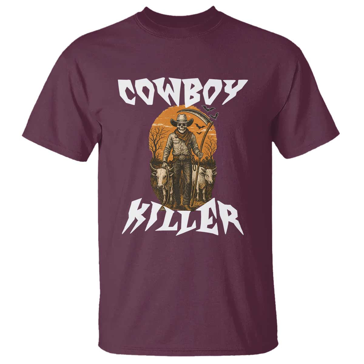 Cowboy Killer Halloween Skeleton T Shirt Gothic Western Art TS12 Maroon Print Your Wear