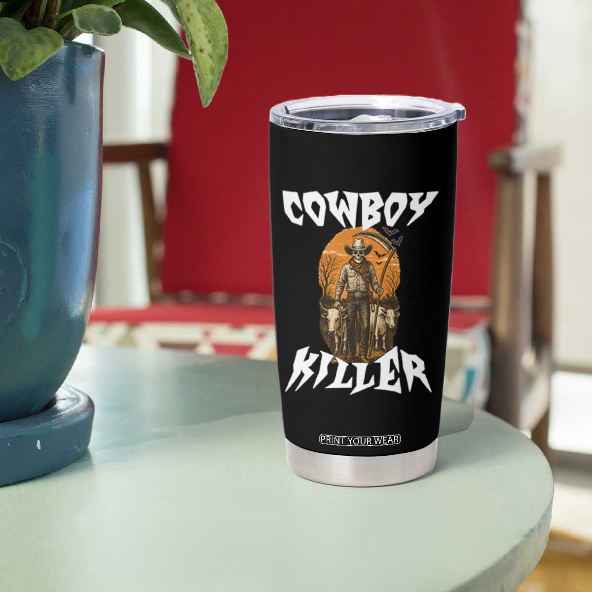 Cowboy Killer Halloween Skeleton Tumbler Cup Gothic Western Art TS12 Print Your Wear