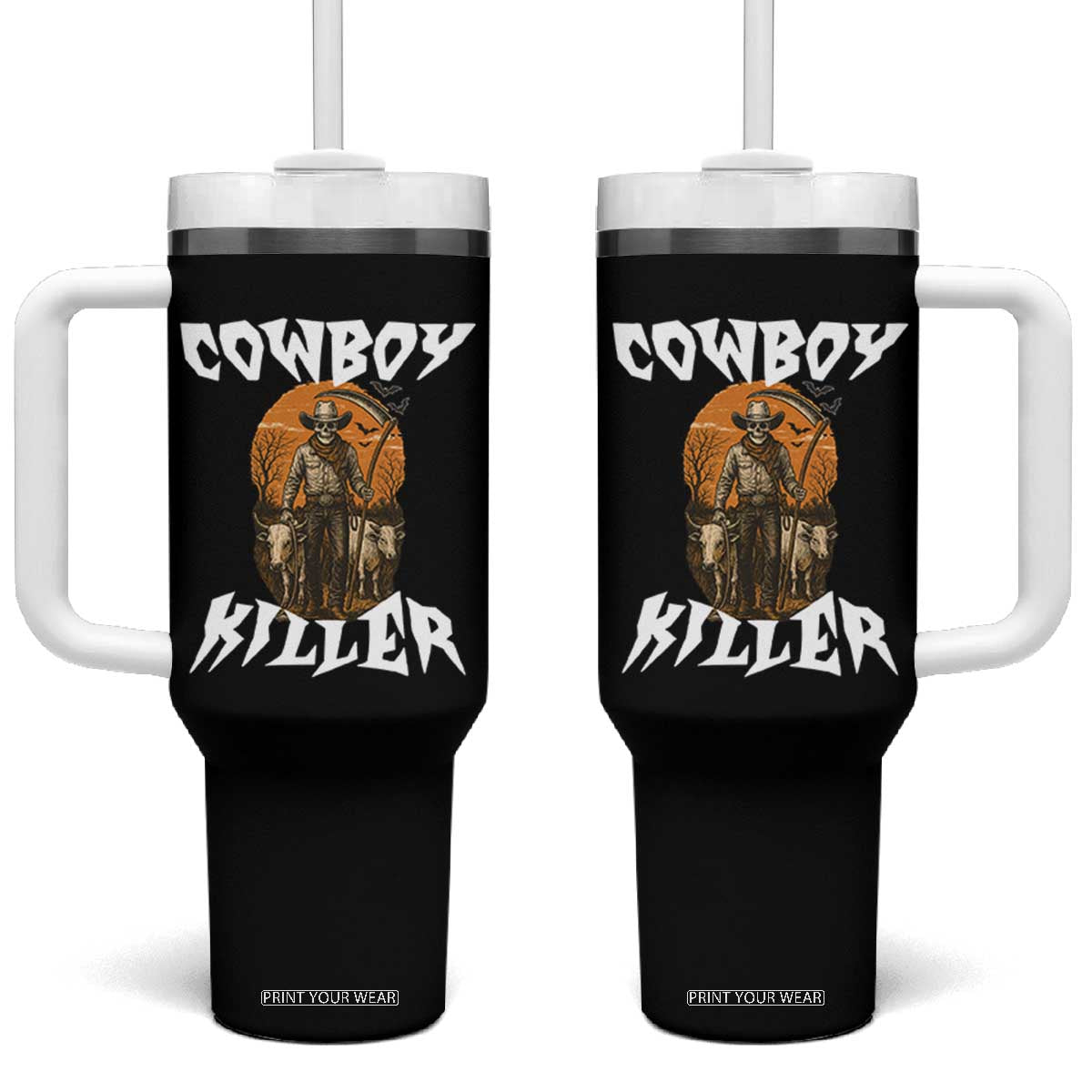 Cowboy Killer Halloween Skeleton Tumbler With Handle Gothic Western Art TS12 One Size: 40 oz Black Print Your Wear