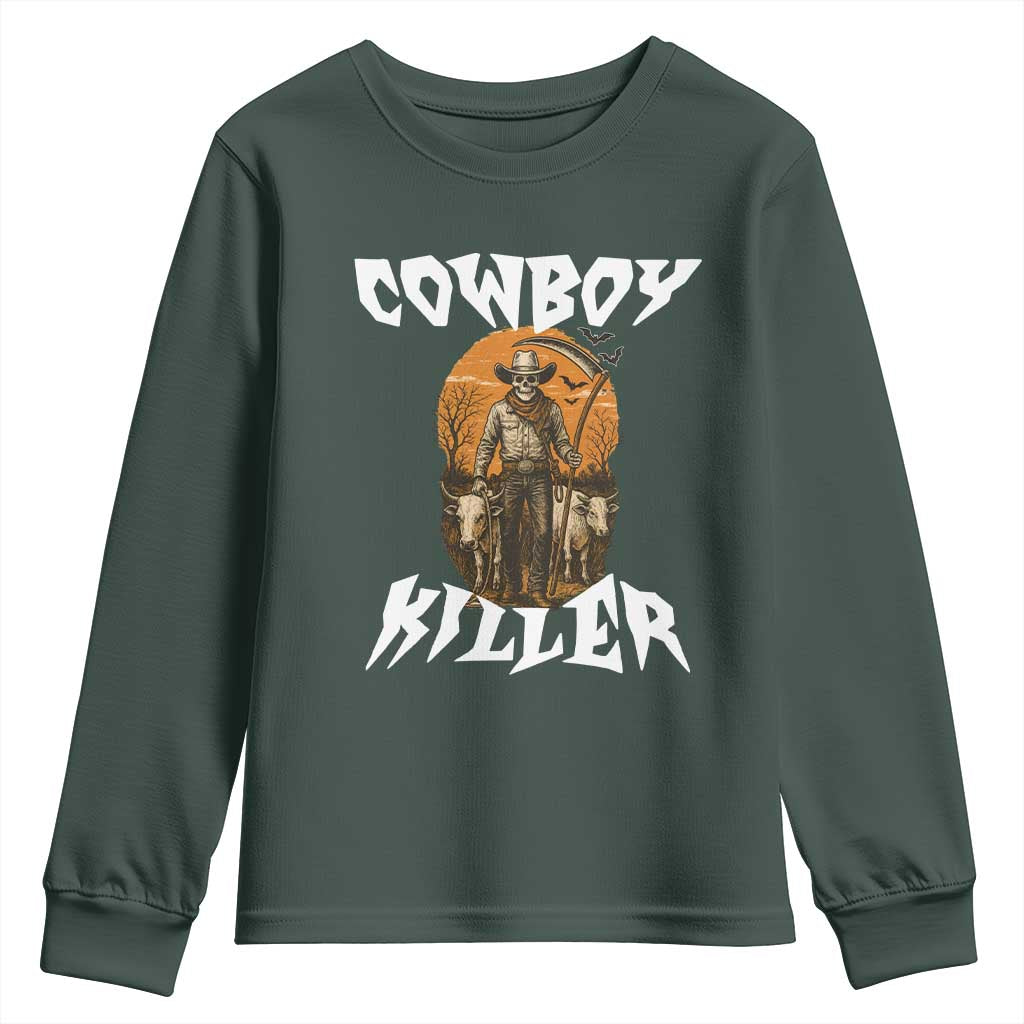 Cowboy Killer Halloween Skeleton Youth Sweatshirt Gothic Western Art TS12 Dark Forest Green Print Your Wear