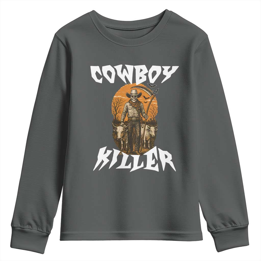 Cowboy Killer Halloween Skeleton Youth Sweatshirt Gothic Western Art TS12 Dark Heather Print Your Wear