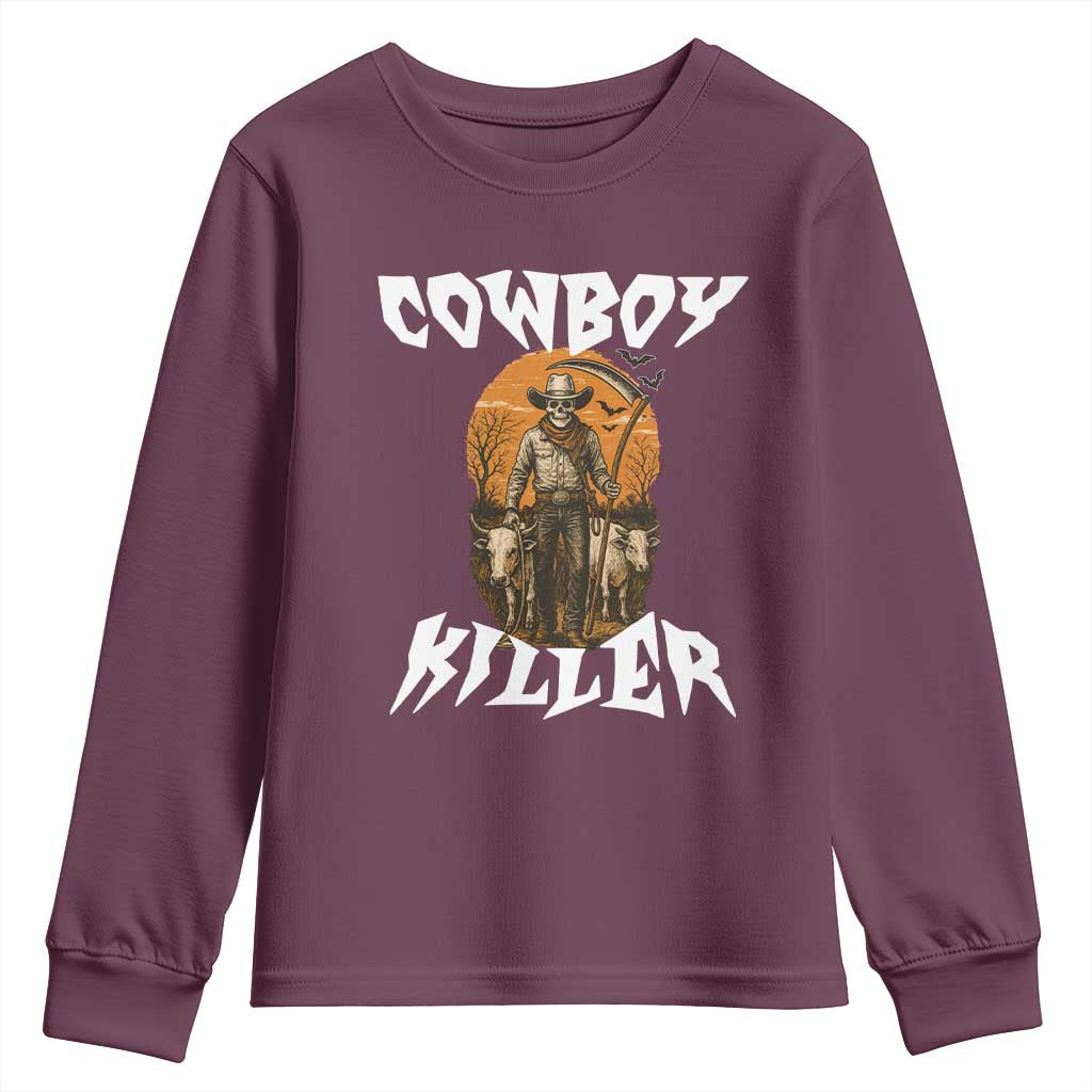 Cowboy Killer Halloween Skeleton Youth Sweatshirt Gothic Western Art TS12 Maroon Print Your Wear