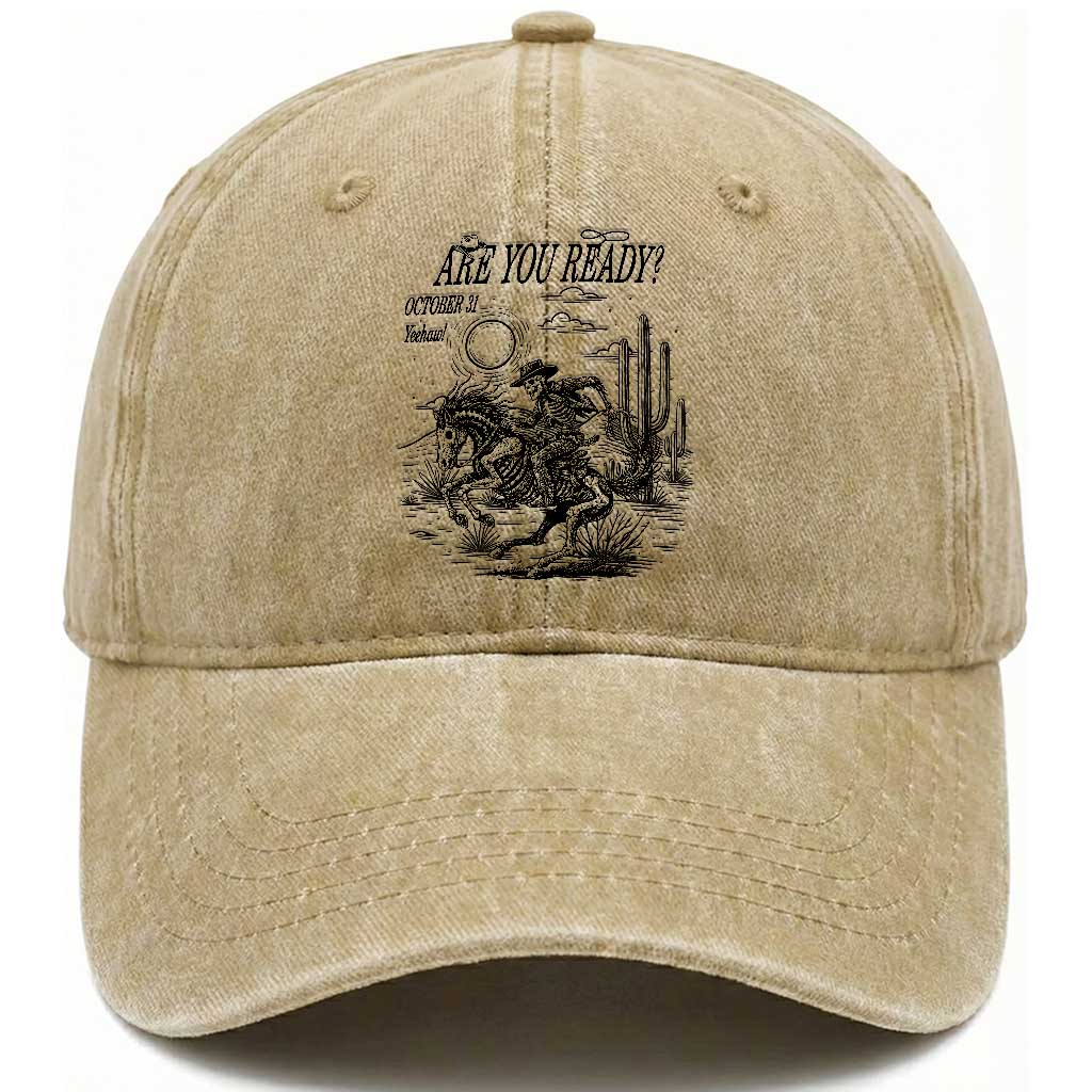 Halloween Skeleton Washed Cotton Baseball Cap Are You Ready October 31 Rodeo Cowboy TS12 Washed Cap Universal Fit Khaki Print Your Wear