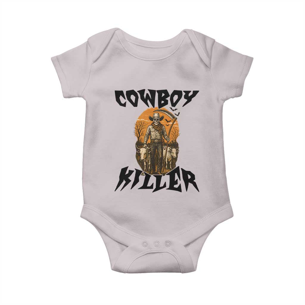 Halloween Skeleton Baby Onesie Cowboy Killer Spooky Western Horror Design TS12 Ice Gray Print Your Wear