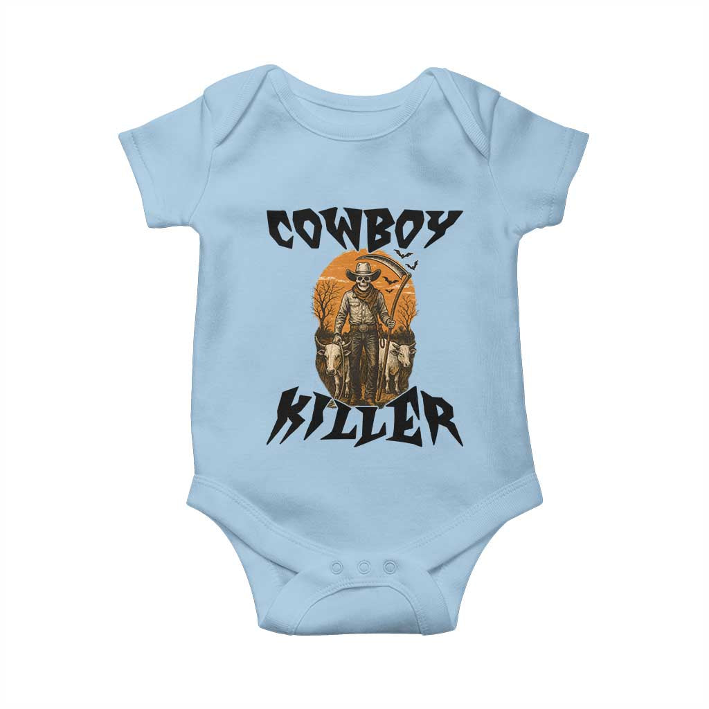 Halloween Skeleton Baby Onesie Cowboy Killer Spooky Western Horror Design TS12 Light Blue Print Your Wear
