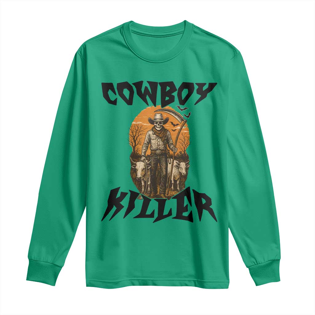 Halloween Skeleton Long Sleeve Shirt Cowboy Killer Spooky Western Horror Design TS12 Irish Green Print Your Wear