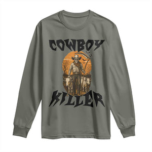 Halloween Skeleton Long Sleeve Shirt Cowboy Killer Spooky Western Horror Design TS12 Military Green Print Your Wear