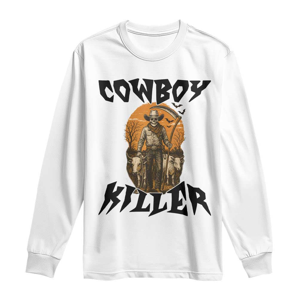 Halloween Skeleton Long Sleeve Shirt Cowboy Killer Spooky Western Horror Design TS12 White Print Your Wear