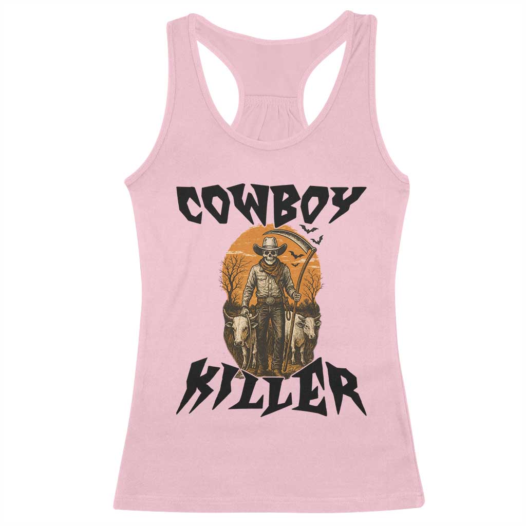 Halloween Skeleton Racerback Tank Top Cowboy Killer Spooky Western Horror Design TS12 Light Pink Print Your Wear