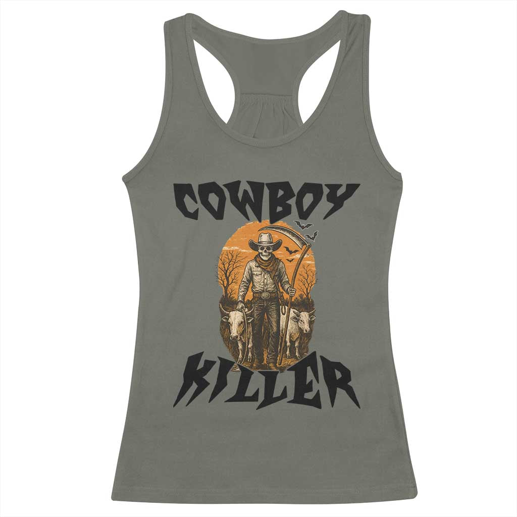 Halloween Skeleton Racerback Tank Top Cowboy Killer Spooky Western Horror Design TS12 Military Green Print Your Wear