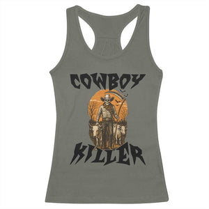 Halloween Skeleton Racerback Tank Top Cowboy Killer Spooky Western Horror Design TS12 Military Green Print Your Wear