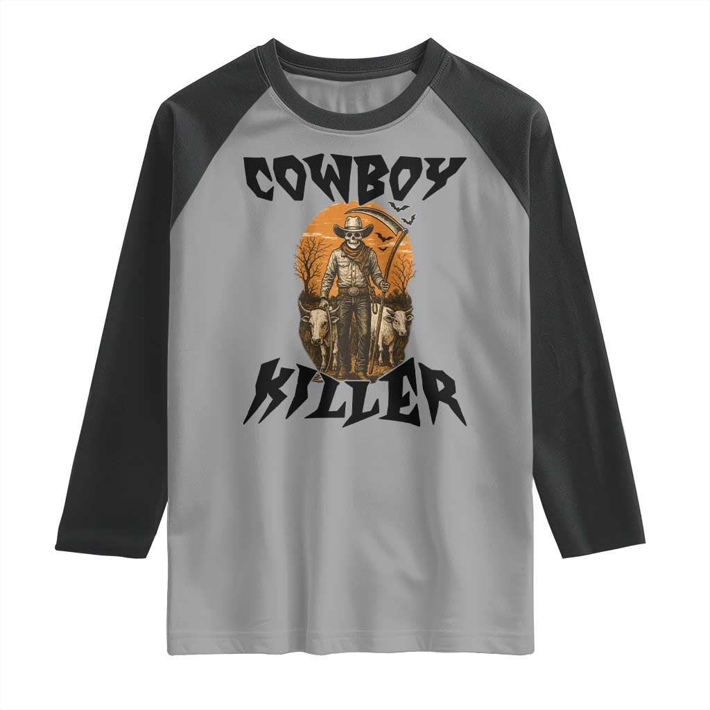 Halloween Skeleton Raglan Shirt Cowboy Killer Spooky Western Horror Design TS12 Sport Gray Black Print Your Wear