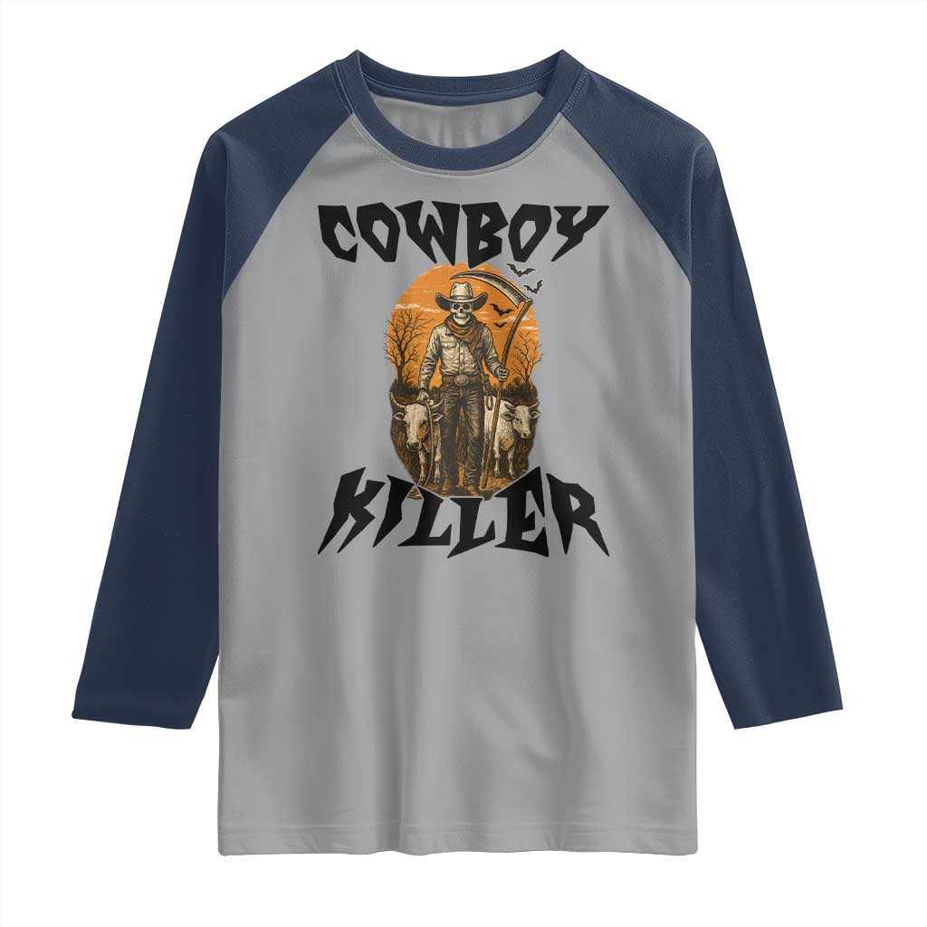 Halloween Skeleton Raglan Shirt Cowboy Killer Spooky Western Horror Design TS12 Sport Gray Navy Print Your Wear