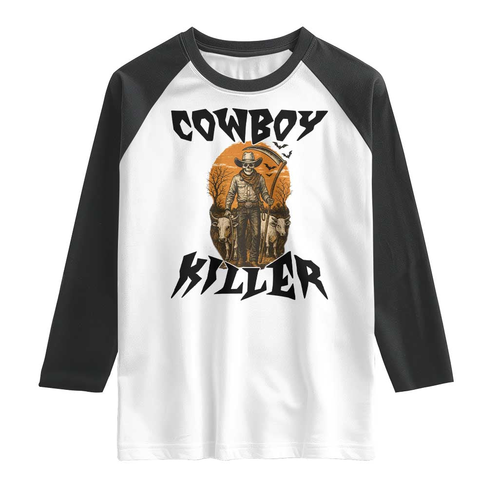 Halloween Skeleton Raglan Shirt Cowboy Killer Spooky Western Horror Design TS12 White Black Print Your Wear