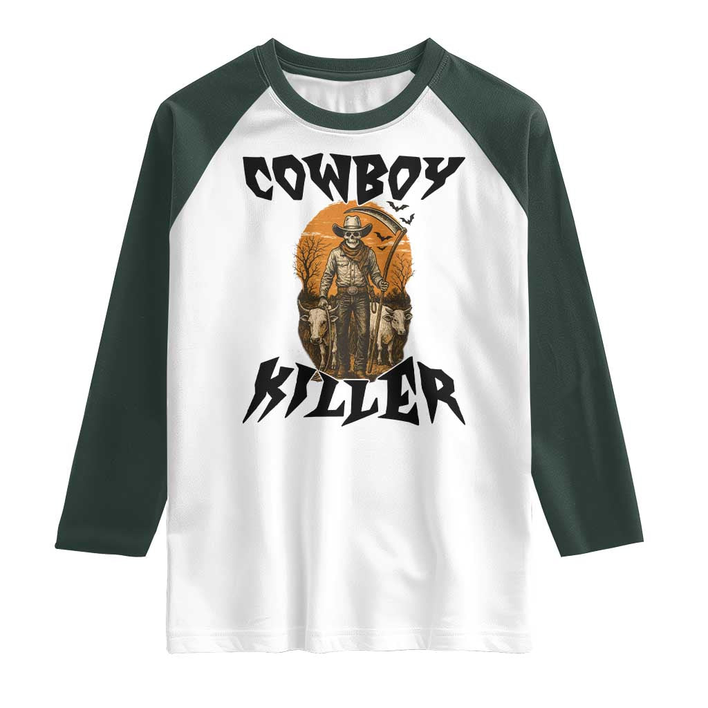 Halloween Skeleton Raglan Shirt Cowboy Killer Spooky Western Horror Design TS12 White Dark Forest Green Print Your Wear