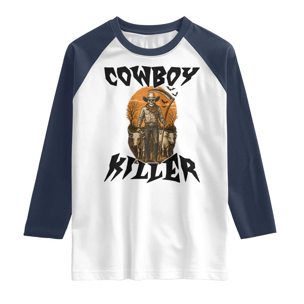 Halloween Skeleton Raglan Shirt Cowboy Killer Spooky Western Horror Design TS12 White Navy Print Your Wear
