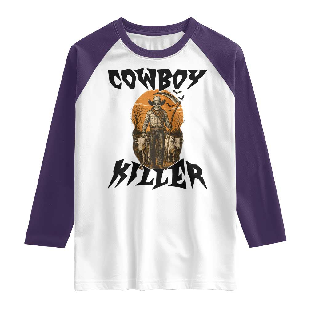 Halloween Skeleton Raglan Shirt Cowboy Killer Spooky Western Horror Design TS12 White Purple Print Your Wear