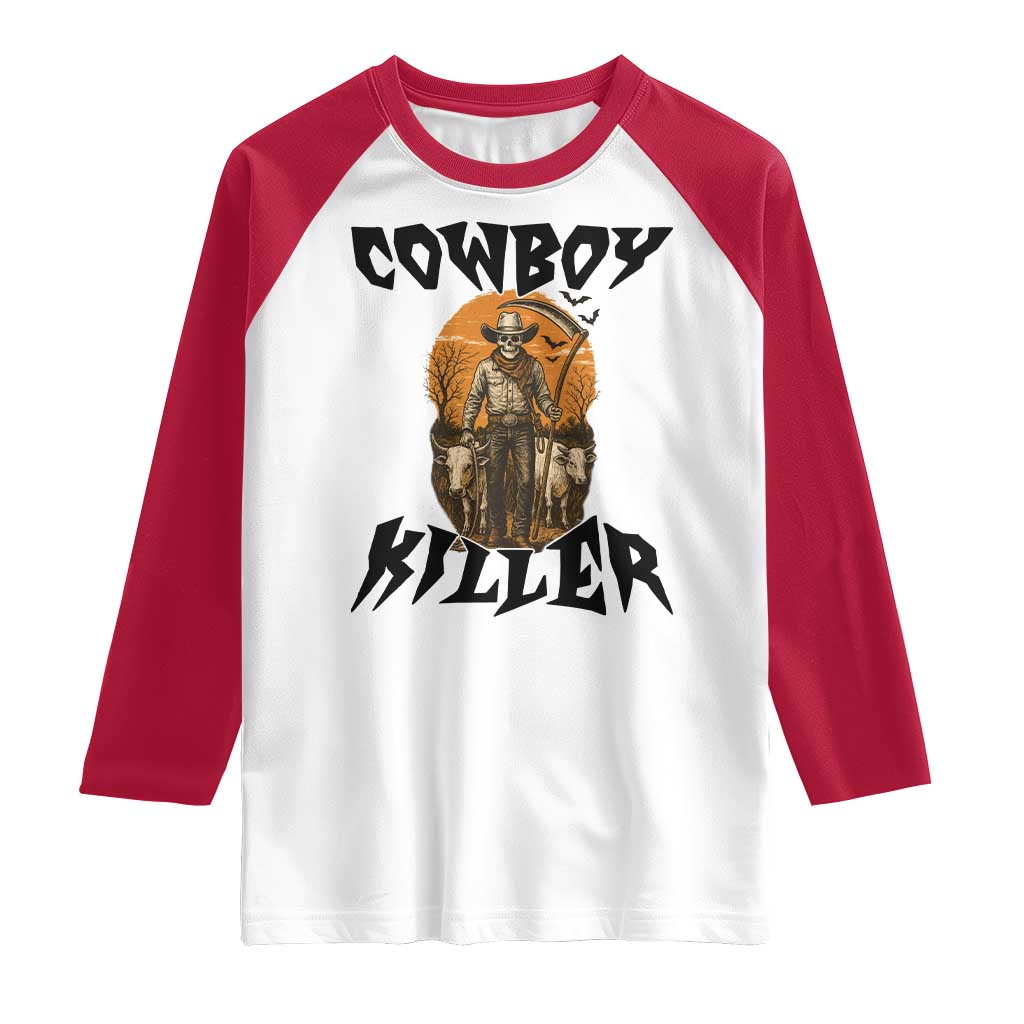 Halloween Skeleton Raglan Shirt Cowboy Killer Spooky Western Horror Design TS12 White Red Print Your Wear