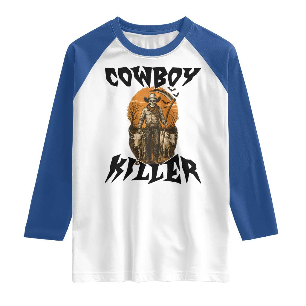 Halloween Skeleton Raglan Shirt Cowboy Killer Spooky Western Horror Design TS12 White Royal Print Your Wear