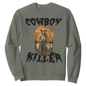 Halloween Skeleton Sweatshirt Cowboy Killer Spooky Western Horror Design TS12 Military Green Print Your Wear