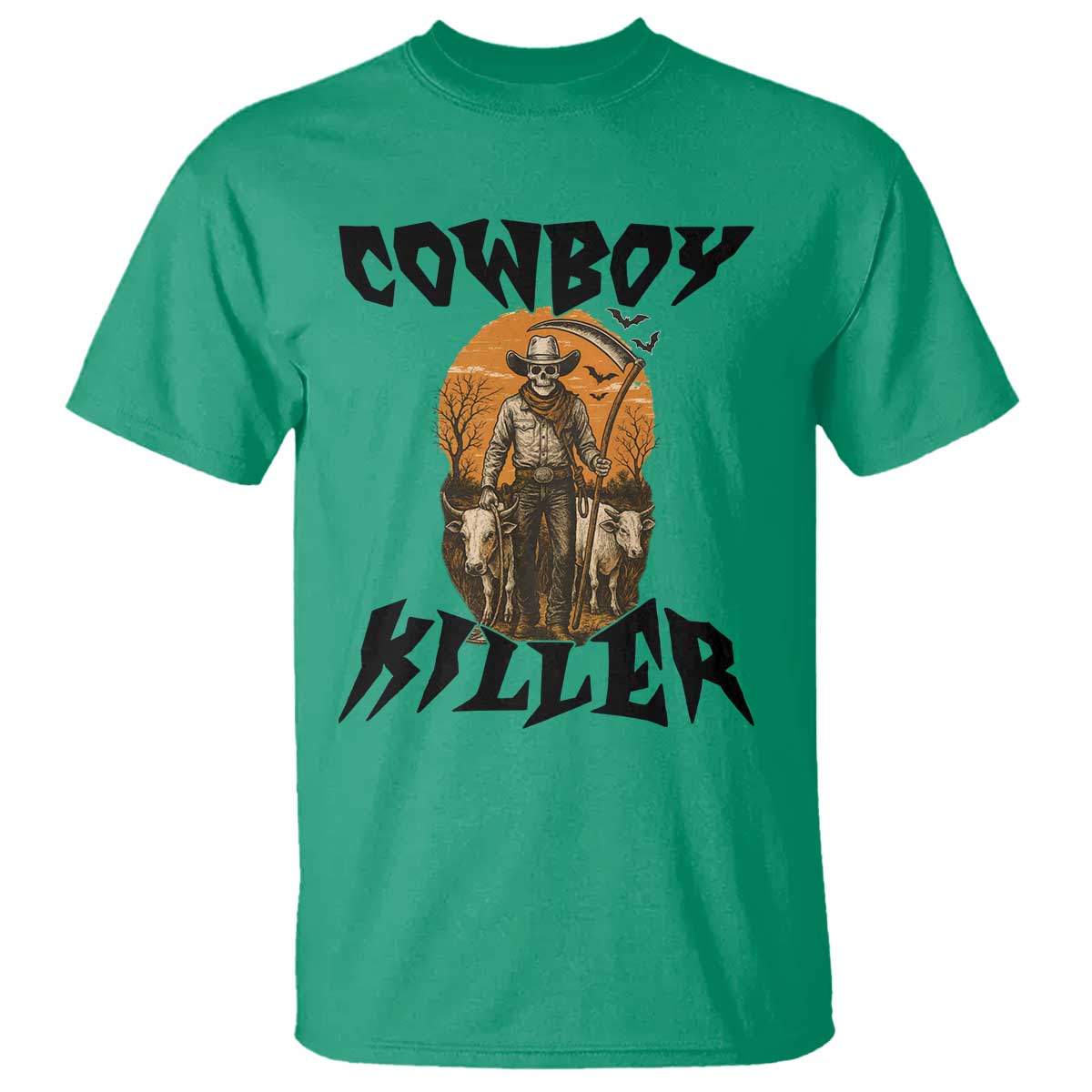 Halloween Skeleton T Shirt Cowboy Killer Spooky Western Horror Design TS12 Irish Green Print Your Wear