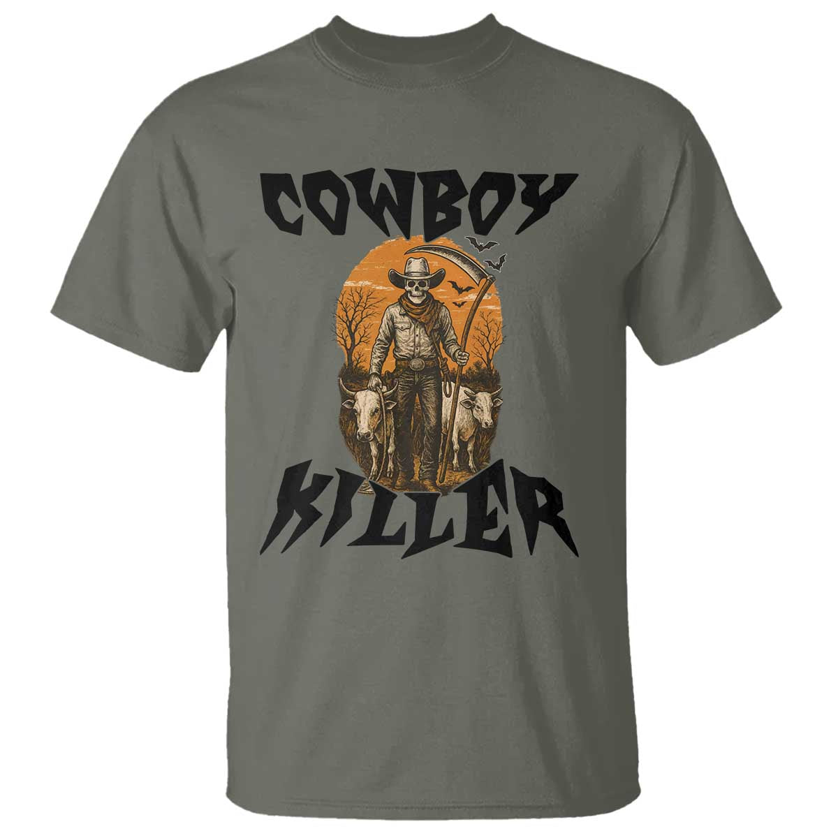 Halloween Skeleton T Shirt Cowboy Killer Spooky Western Horror Design TS12 Military Green Print Your Wear