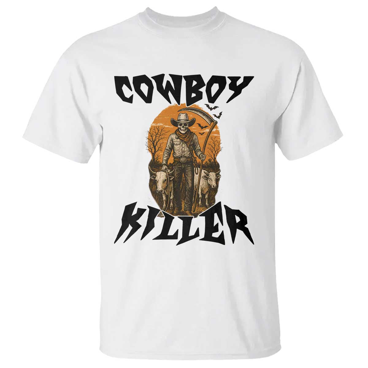 Halloween Skeleton T Shirt Cowboy Killer Spooky Western Horror Design TS12 White Print Your Wear