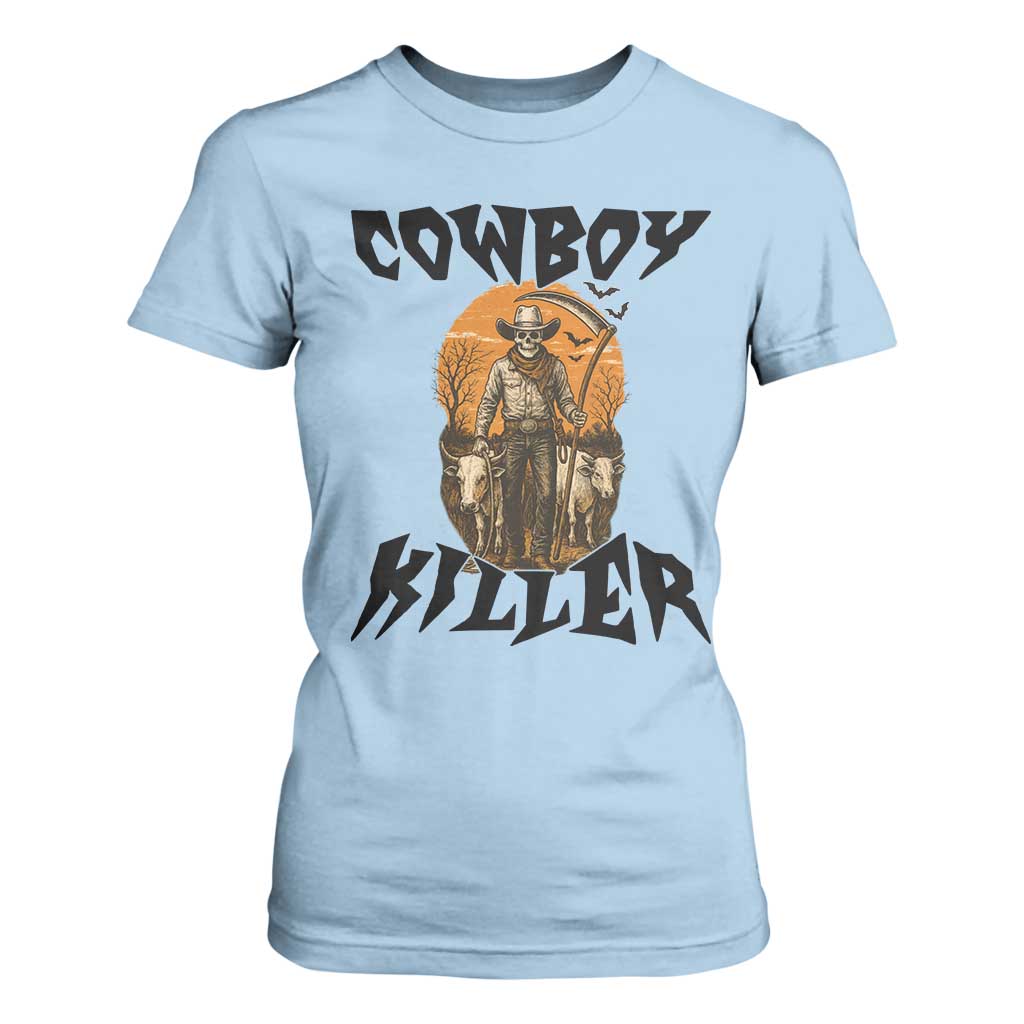 Halloween Skeleton T Shirt For Women Cowboy Killer Spooky Western Horror Design TS12 Light Blue Print Your Wear